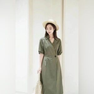 Cotton Plain V-Neck Shirt Dress
